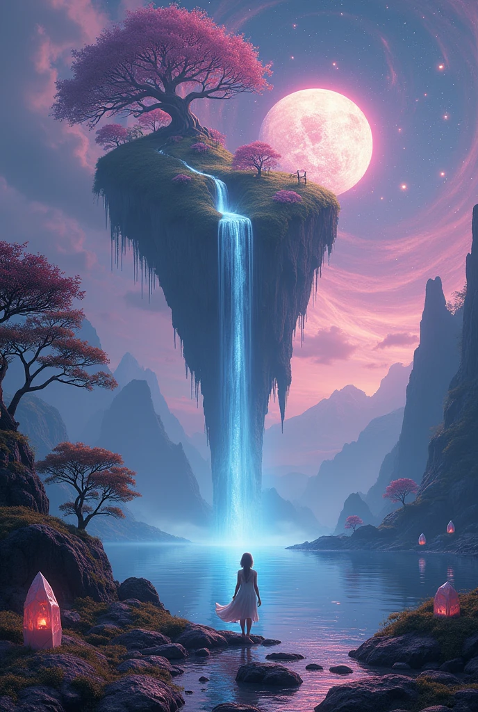 In a dreamlike, surreal landscape, a colossal floating island drifts in the sky, defying the laws of gravity. The island is a mix of lush, otherworldly vegetation with trees that have twisted, glowing branches, and giant flowers that emit a soft, luminescent glow. A winding river flows upwards from the ground below, cascading into the sky in a shimmering waterfall, eventually merging with the floating island.
In the background, the sky is a swirl of deep purples, blues, and vibrant pinks, resembling a cosmic nebula, with scattered stars and planets that seem to be just within reach. Strange, floating geometric shapes, like cubes and pyramids, hover in the air, casting faint, shifting shadows. A large, glowing moon, far larger than normal, hangs low on the horizon, its surface etched with intricate, swirling patterns.
In the foreground, a lone figure stands on a jagged rock formation at the edge of a mirror-like lake that reflects the surreal sky above. The figure is dressed in a flowing, ethereal robe that seems to blend with the environment, and they gaze up at the floating island with a look of wonder and contemplation. Surrounding the lake, the ground is covered in a carpet of vibrant, glowing moss and dotted with crystal formations that catch the light from the surreal sky, adding a sense of mystique to the scene.