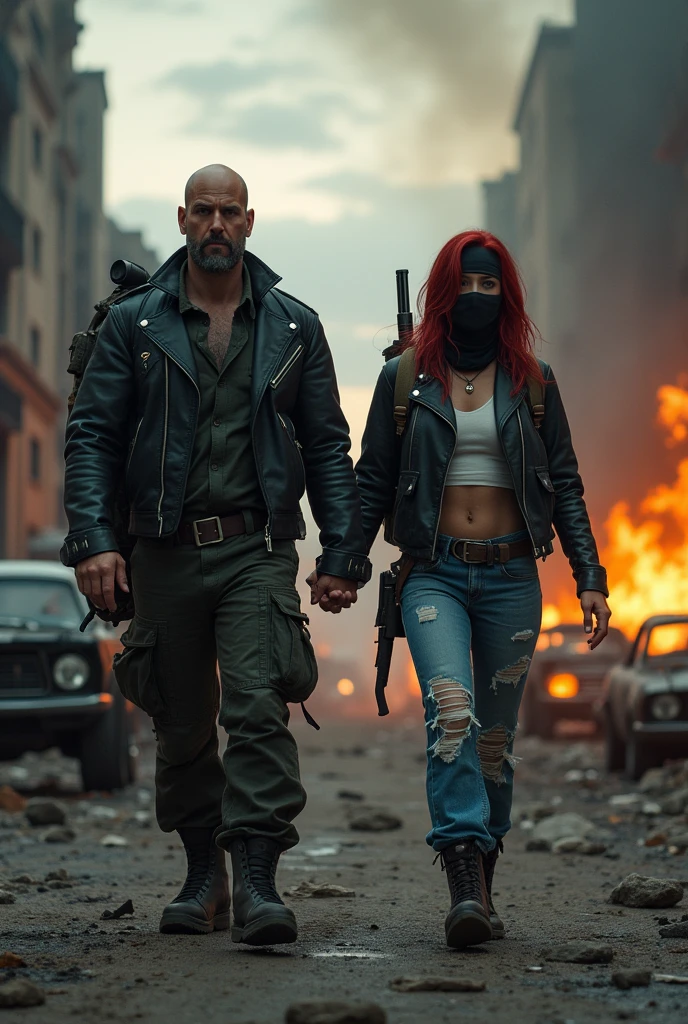 post apocalyptic world, destroyed streets, burned buildings, crashed cars, dark environment, dirty, dusty, dusk, a man and a woman walk hand in hand, man black motorcycle jacket 40 years old black military pants, very short beard poorly shaved head Bald woman of medium height wears a hat, balaclava, backpack and a gun, 20-year-old woman, long red hair, very beautiful biker jacket, backpack, short, torn white T-shirt, short T-shirt, jeans, walk with a determined face together hand in hand, focus on determination of both and the epic atmosphere, with fire in cars and destroyed buildings, gloomy atmosphere