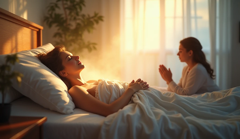 create images of a woman in her bed receiving the presence of the holy spirit, performing the miracle of healing, that it is a bright environment with subtle colors, may it convey peace and another pesoa by her side of joehos praying for her
