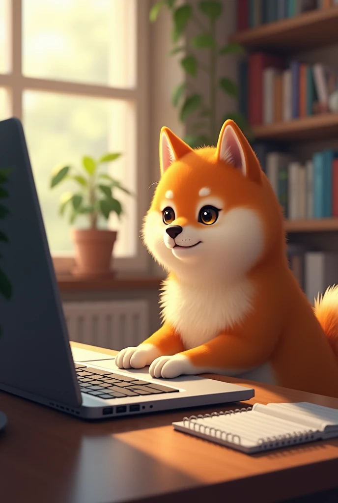 A shiba dog is using a laptopand a computer