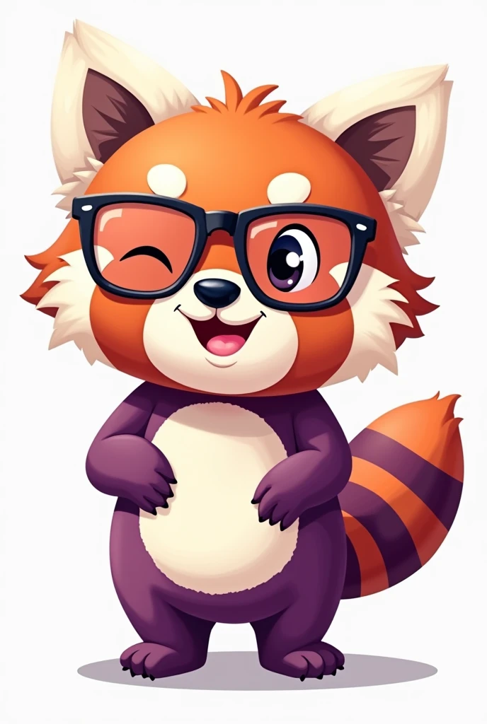 The image depicts a cartoon character that is a red panda with purple fur and cartoon design., standing. He wears black-framed glasses and has a friendly, playful expression., with a smile and one eye winking. The character has a white snout and belly., with purple fur and dark purple stripes on the tail. The image conveys a feeling of fun and friendliness..
