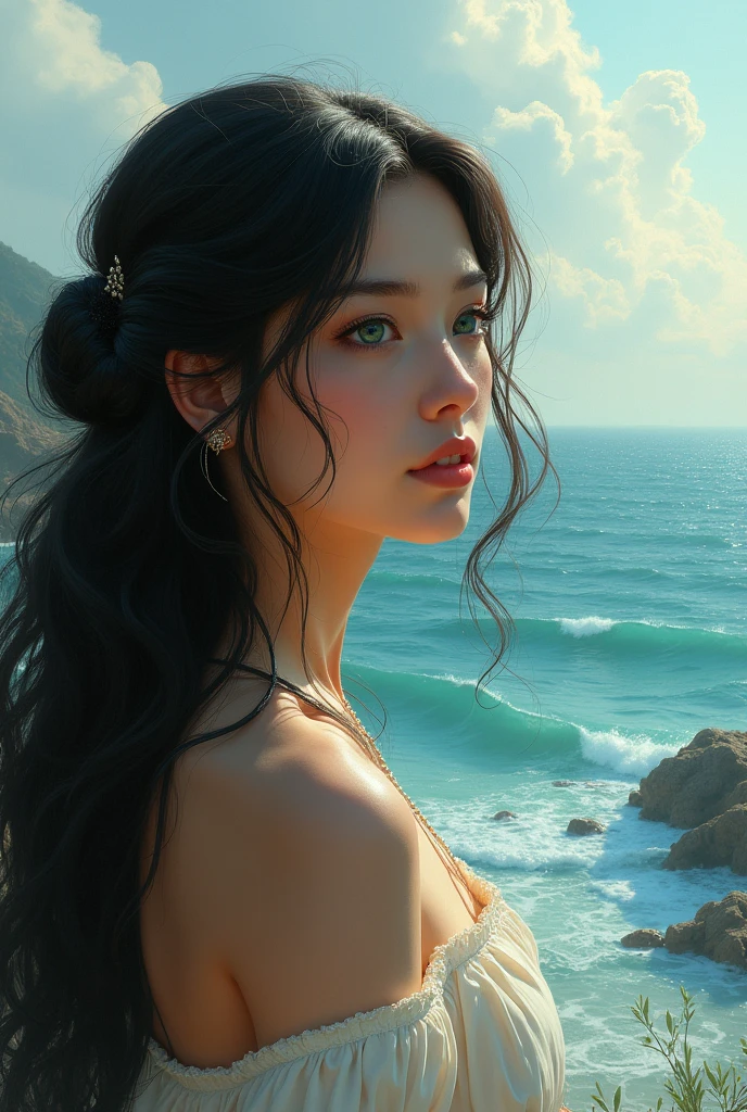 A woman with long curly black hair and green eyes and fair skin looking at the sea