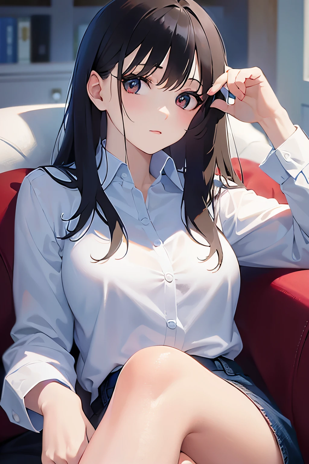 Sitting on a black sofa,looking ahead,from above,handjob,side view,face focus,open mouth,tongue out,cum on tongue,Licking a white dildo,(1girl,Beautiful 14 year old girl),((Slender,Small breasts,Baby Face,Small face,)),looking at viewer,Black Hair,bangs,two side up,Gray Eyes,Drooping eyes,slit pupils,narrow eyes,,Short sleeve shirt,Grey checked tie,Grey checked mini skirt,Navy blue socks,Beautiful and detailed anime art,Mischievous smile,Dimly lit room,Simple Background,Gray background,Low lighting