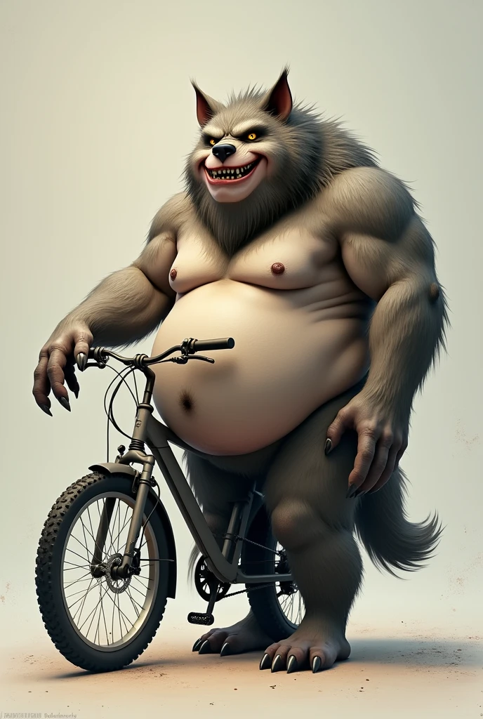 Ultra HD image of an obese naked werewolf man next to a bike, happy face