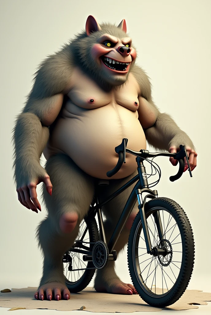Ultra HD image of an obese naked werewolf man next to a bike, happy face