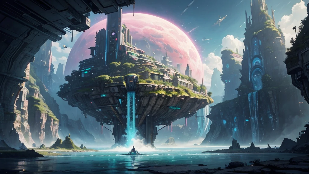 ((masterpiece)),((Highest quality)),((High Detail)),nobody,background, A circular platform floating in the air,Cyberpunk futuristic city in the middle of a waterfall, Sci-Fi Illustration, Sci-Fi Fantasy Wallpapers, Impressive and fantastic landscape, Future Utopian Fantasy, Epic dreamy fantasy landscape, mystical sci-fi concept art, Detailed fantasy digital art, Wide angle fantasy art, Futuristic Setting, Symmetrical fantasy landscape, Futuristic Palace,Pink Blue Green