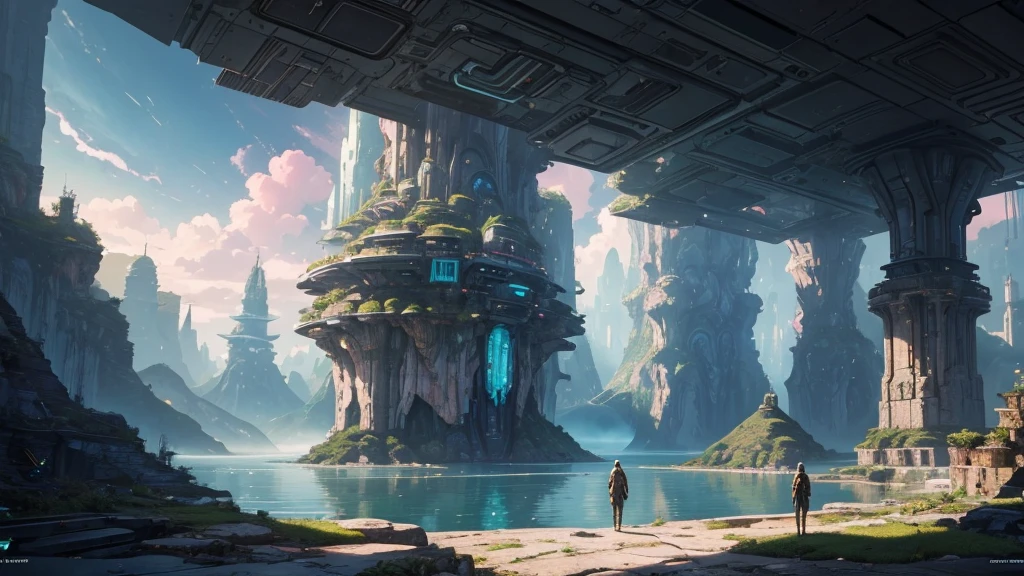 ((masterpiece)),((Highest quality)),((High Detail)),nobody,background, A circular platform floating in the air,Cyberpunk futuristic city in the middle of a waterfall, Sci-Fi Illustration, Sci-Fi Fantasy Wallpapers, Impressive and fantastic landscape, Future Utopian Fantasy, Epic dreamy fantasy landscape, mystical sci-fi concept art, Detailed fantasy digital art, Wide angle fantasy art, Futuristic Setting, Symmetrical fantasy landscape, Futuristic Palace,Pink Blue Green