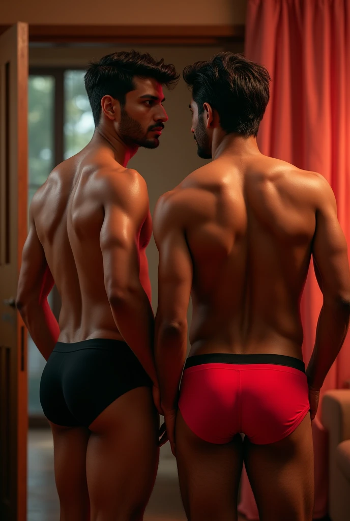 a 2 indian boy,male,black and red underwear,color lux classic company trunk underwear,one boy friend in same clothes,trunk underwear only,photorealistic,8k,highly detailed,hyperrealistic,cinematic lighting,chiaroscuro lighting,dramatic lighting,warm color palette,natural skin tones,muscular in home 🏠 trunk underwear only