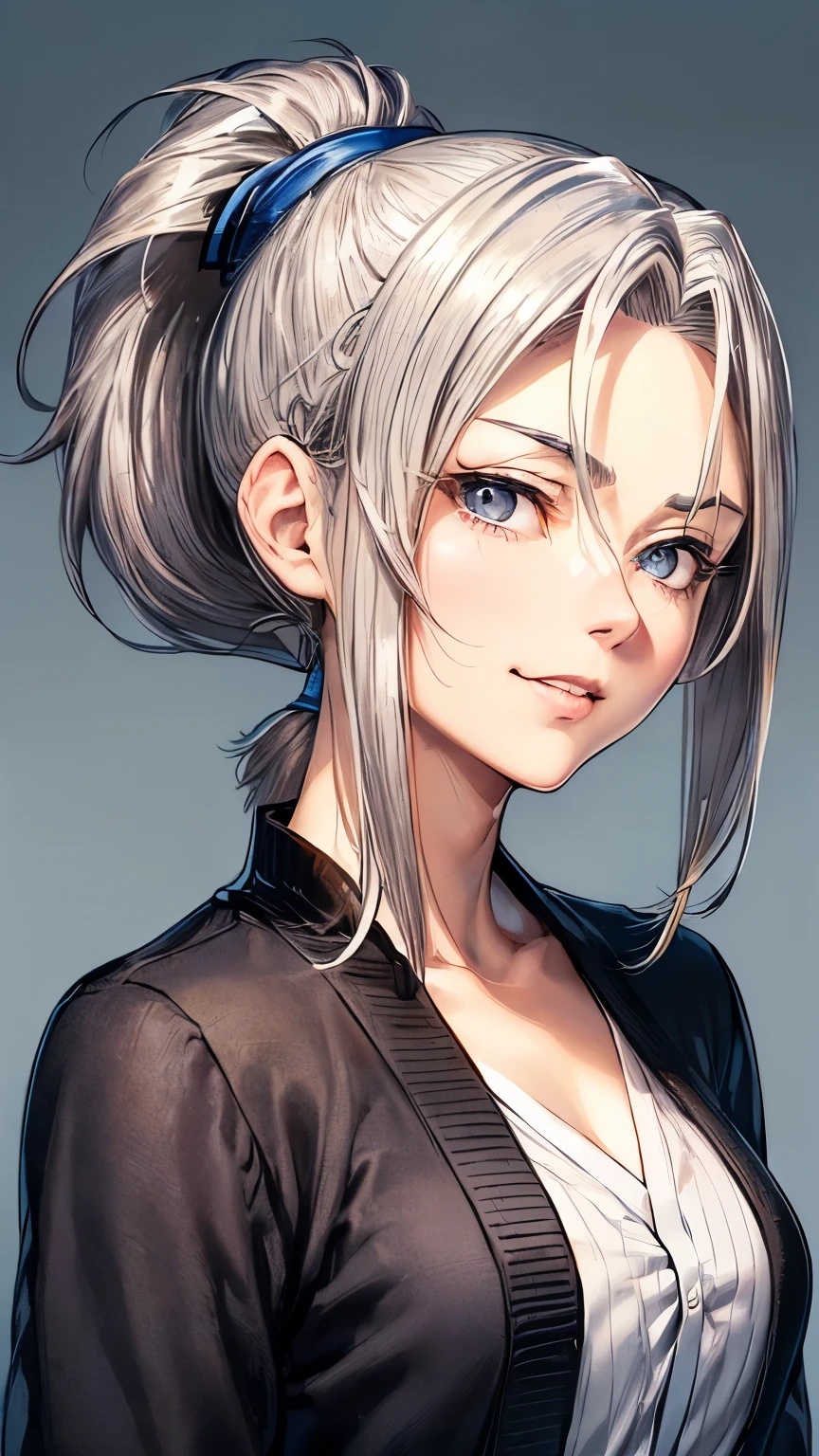 A  Japanese fresh and  mature lady ((small breast , slender)), grayish blonde highlight very short hair((ponytail, extremely smooth wavy, shaggy forelock:1.5)),(( jet black cardigan)),((big round droopy blue eyes)), gentle and calm smile((a little bit opened mouth )), mature face, gentle and  mature atmosphere, noble posing,(( looking back pose )) ,(( face focus:1.4)),((best quality))