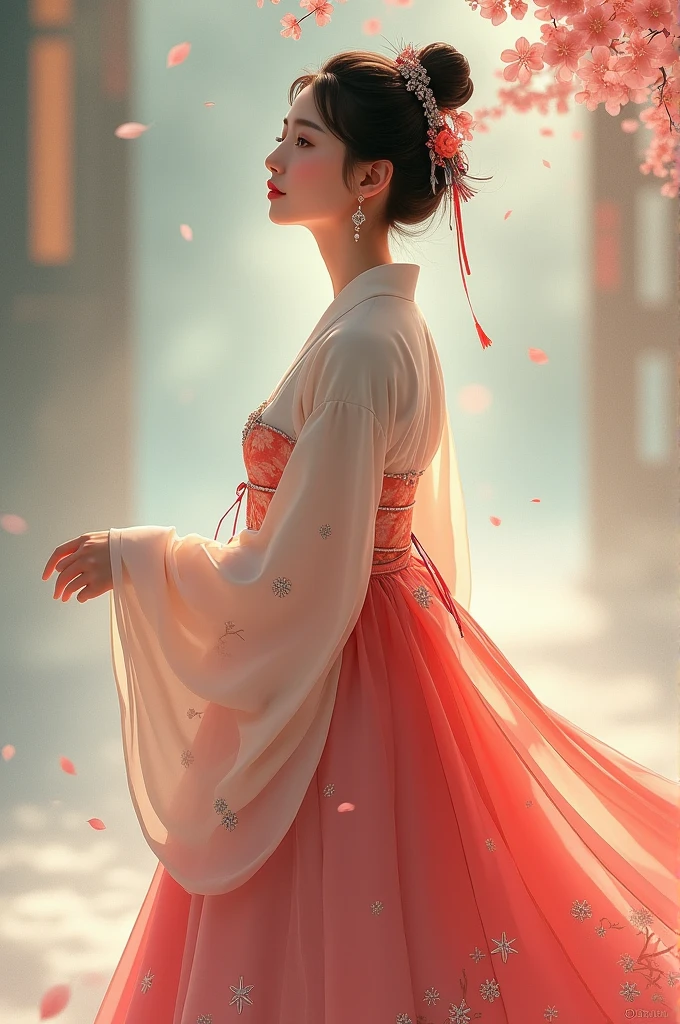 Traditional Hanbok、Gentle Gaze、Elegant、Posture、Subtle Expression、Romantic Atmosphere