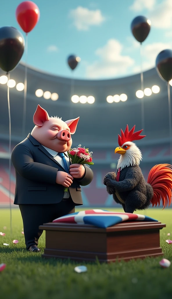 A muscular pig, puffed out chest, black suit, holding flowers, inside a soccer stadium, next to a muscular rooster bird, black suit, next to a blue male fox, muscular, puffed out chest, black suit, next to a muscular vulture bird, puffed out chest, black suit, everyone is sad seeing a coffin with a flag over it in the colors blue, white, red, black balloons flying in the wind, generate high quality 3d image, 8k