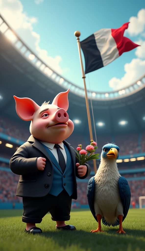 A muscular pig, puffed out chest, black suit, holding flowers, inside a soccer stadium, next to a muscular rooster bird, black suit, next to a blue male fox, muscular, puffed out chest, black suit, next to a muscular vulture bird, puffed out chest, black suit, everyone is sad seeing a coffin with a flag over it in the colors blue, white, red, black balloons flying in the wind, generate high quality 3d image, 8k