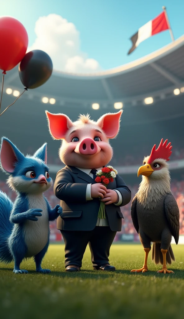 A muscular pig, puffed out chest, black suit, holding flowers, inside a soccer stadium, next to a muscular rooster bird, black suit, next to a blue male fox, muscular, puffed out chest, black suit, next to a muscular vulture bird, puffed out chest, black suit, everyone is sad seeing a coffin with a flag over it in the colors blue, white, red, black balloons flying in the wind, generate high quality 3d image, 8k