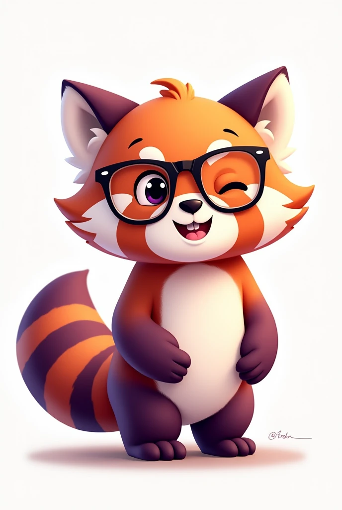 The image depicts a cartoon character that is a red panda with purple fur and cartoon design., standing. He wears black-framed glasses and has a friendly, playful expression., with a smile and one eye winking. The character has a white snout and belly., with purple fur and dark purple stripes on the tail. The image conveys a feeling of fun and friendliness..