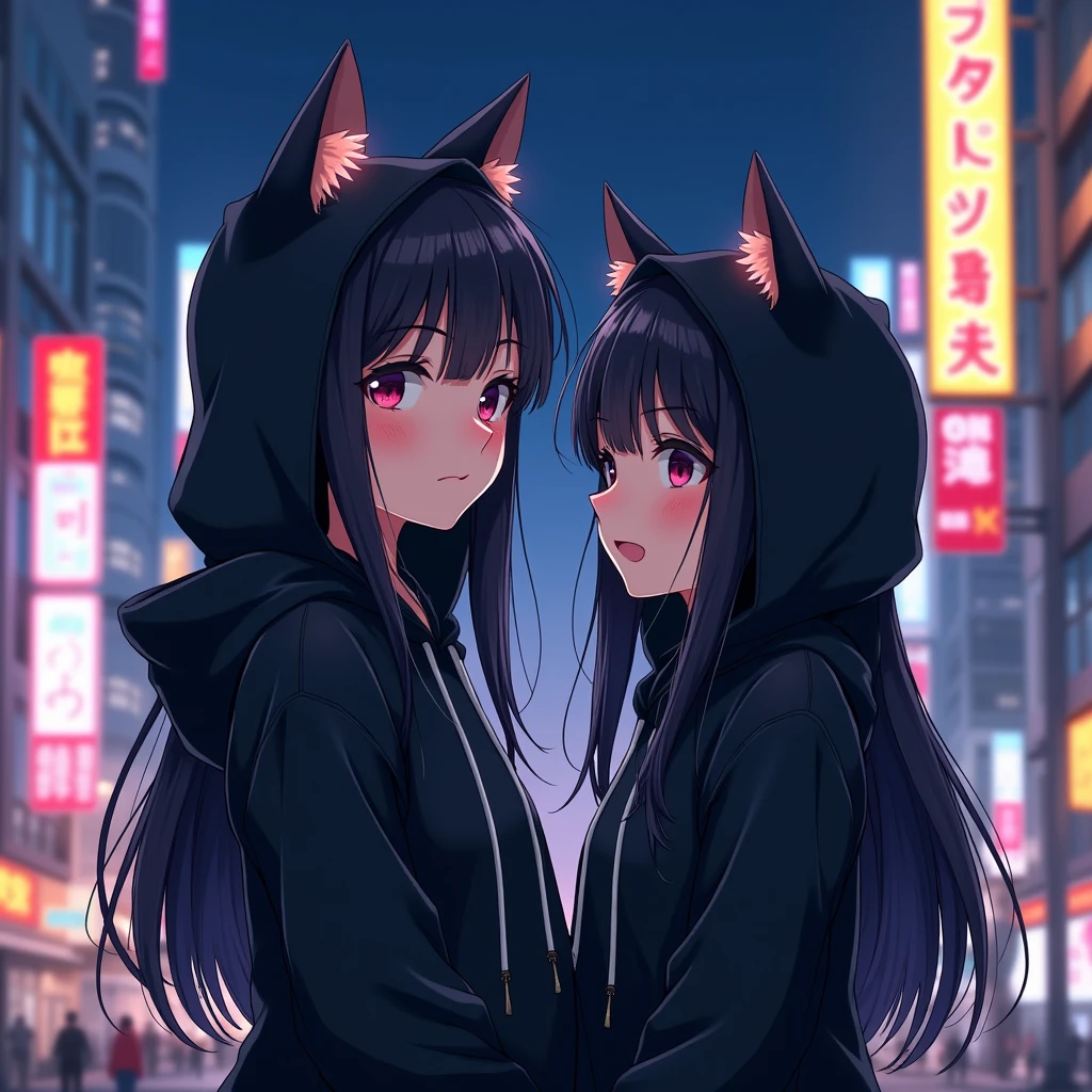 couple anime wearing black hoodie, 
with cat ears, in japan citylights background, and the girl is black long hair