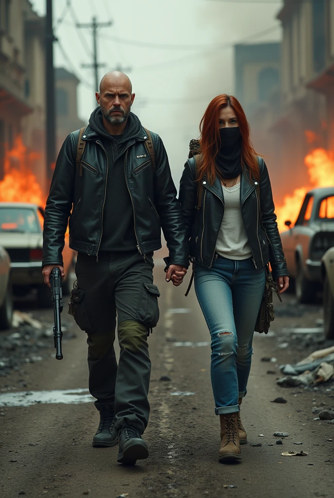 post apocalyptic world, destroyed streets, burned buildings, crashed cars, dark environment, dirty, dusty, dusk, a man and a woman walk hand in hand, man black motorcycle jacket 40 years old black military pants, very short beard poorly shaved head Bald woman of medium height wears a hat, balaclava, backpack and a gun, 20-year-old woman, long red hair, very beautiful biker jacket, backpack, short, torn white T-shirt, short T-shirt, jeans, walk with a determined face together hand in hand, focus on determination of both and the epic atmosphere, with fire in cars and destroyed buildings, gloomy atmosphere