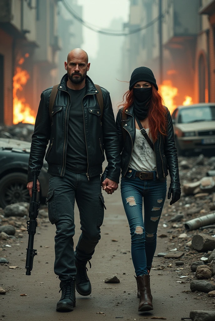 post apocalyptic world, destroyed streets, burned buildings, crashed cars, dark environment, dirty, dusty, dusk, a man and a woman walk hand in hand, man black motorcycle jacket 40 years old black military pants, very short beard poorly shaved head Bald woman of medium height wears a hat, balaclava, backpack and a gun, 20-year-old woman, long red hair, very beautiful biker jacket, backpack, short, torn white T-shirt, short T-shirt, jeans, walk with a determined face together hand in hand, focus on determination of both and the epic atmosphere, with fire in cars and destroyed buildings, gloomy atmosphere