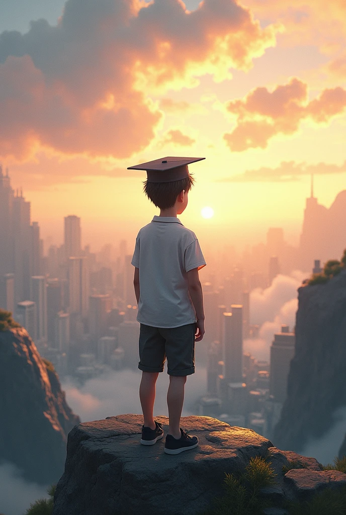 A young boy is standing on a rocky ledge, gazing out at a sprawling cityscape below. He is wearing a white shirt and graduation hat and appears contemplative as he takes in the view. In the background, wisps of smoke can be seen rising from the city, creating a hazy atmosphere. The sky above is a mix of warm colors, indicating either a sunset or sunrise. The boy''s posture suggests a sense of wonder and curiosity, as he stands alone in this serene moment of reflection. The overall scene is peaceful and serene, capturing a quiet moment in an urban setting.