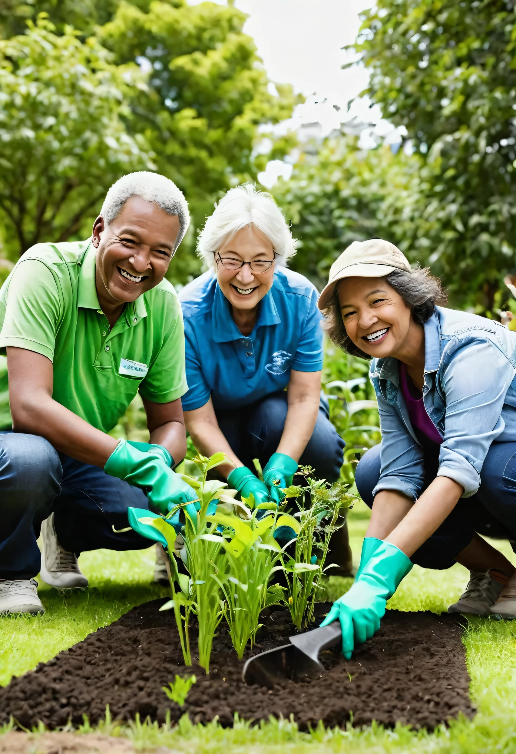 In the heart of a bustling city park, a group of enthusiastic volunteers, comprising men and women of varied ages, comes together to participate in a community gardening project. They are seen tending to young plants, equipped with gardening tools and gloves, exhibiting teamwork and joy. Their smiles reflect a shared commitment to enhancing their local environment, demonstrating the power of community engagement in urban green spaces.