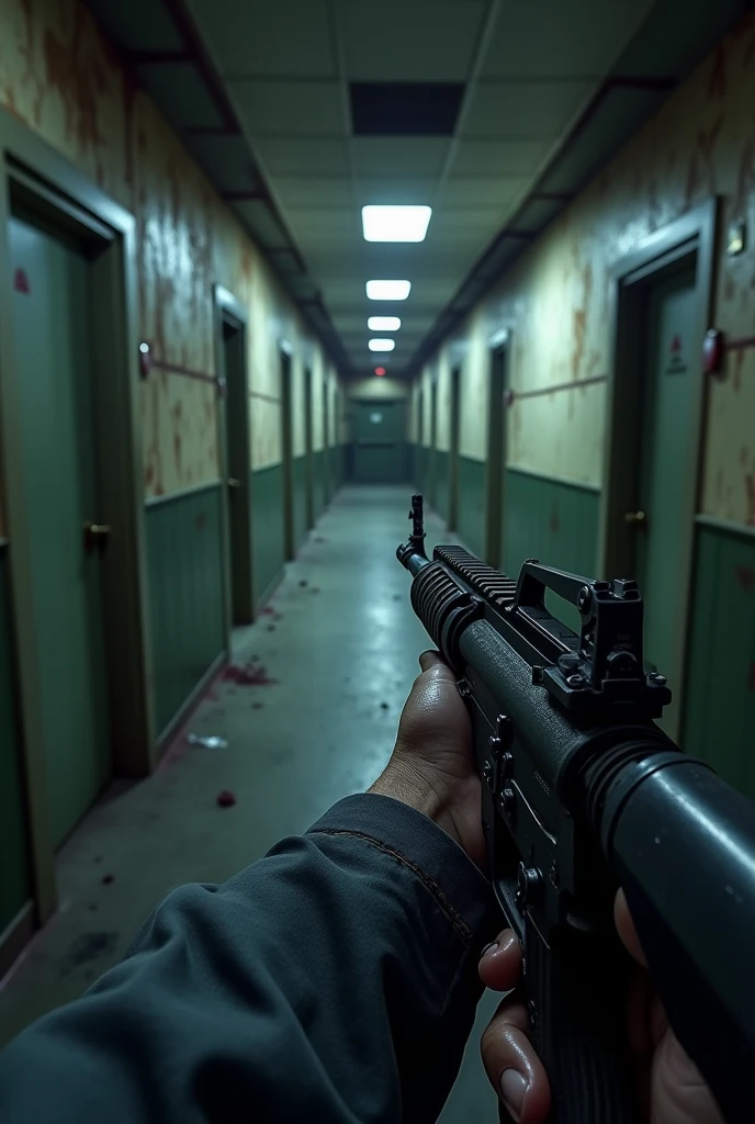 Abandoned cruise ship view from inside, FIRST PERSON POINT OF PERSON POINT Police officer only visible arms with an M4 in his hands walking through the corridors, evening mood, two doors in front of you