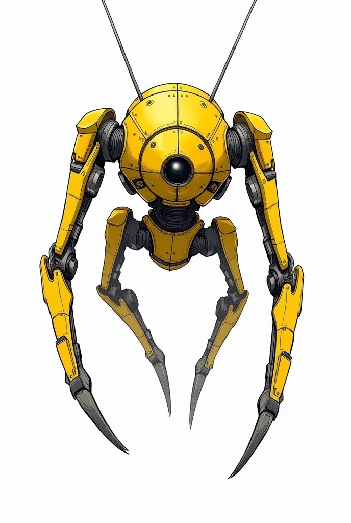 BLACK AND WHITE LINE SKETCH WITHOUT 2D FILL THAT LOOKS AT A ROBOT WITH THE FOLLOWING CHARACTERISTICS FROM THE FRONT: Metallic yellow color Low height Flies Has a laser beam in its eye Thick build Long limbs