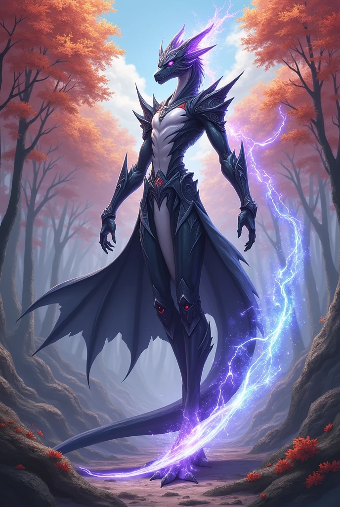 (anime) a slim humanoid dark gray dragon with white belly and red undertones using light and thunder magic, wearing armor, purple iris, autumn forest background, celestial, creative.