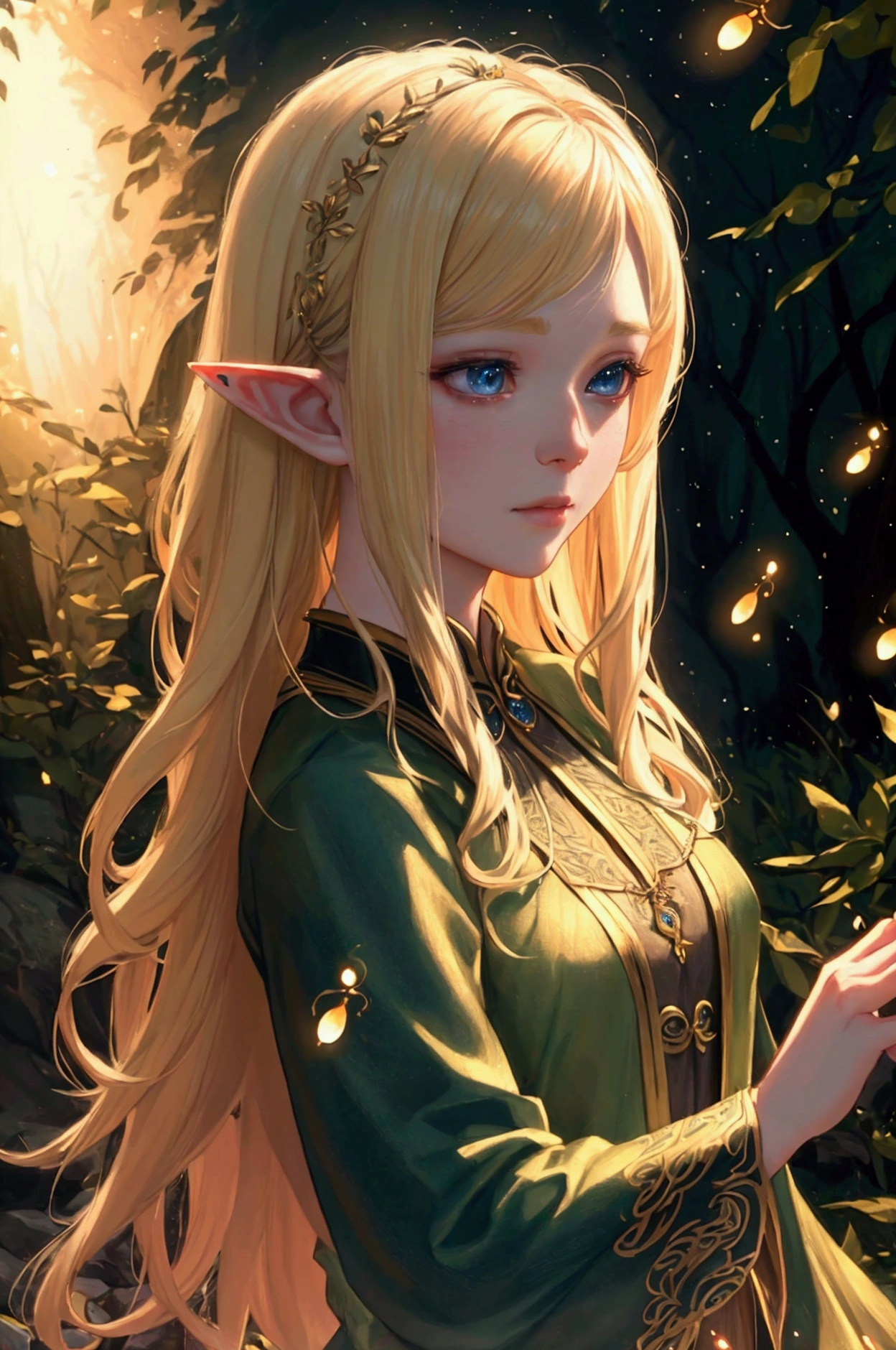 a beautiful blonde elf, gently caressing, forest, fireflies, white dragon, night, impactful image, sadness, (best quality,4k,8k,highres,masterpiece:1.2),ultra-detailed,(realistic,photorealistic,photo-realistic:1.37),detailed portrait, beautiful detailed eyes, beautiful detailed lips, extremely detailed face, longeyelashes, melancholy expression, mystical atmosphere, glowing fireflies, ethereal dragon, dramatic lighting, moody colors, cinematic composition