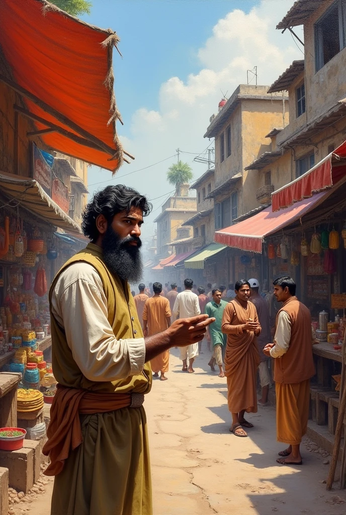 In oil painting "Villagers engaging in various small businesses, reflecting the economic improvement in the community"** - Shows the broader impact of with black medium beard young Ramesh’s success on the village."