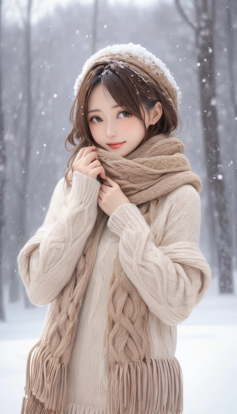 (masterpiece, Highest quality:1.2), One Girl, alone,Slender figure、Beige loose knit、Brown scarf、Powdery snow falls in Hokkaido
