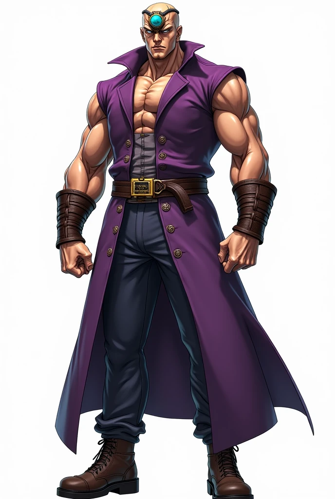 JJBA style, full body image, masterpiece, ultra-detailed, purple sleeveless trench coat, man, leather wristbands, White background, Tactical Boots, dragon ball tracker on head