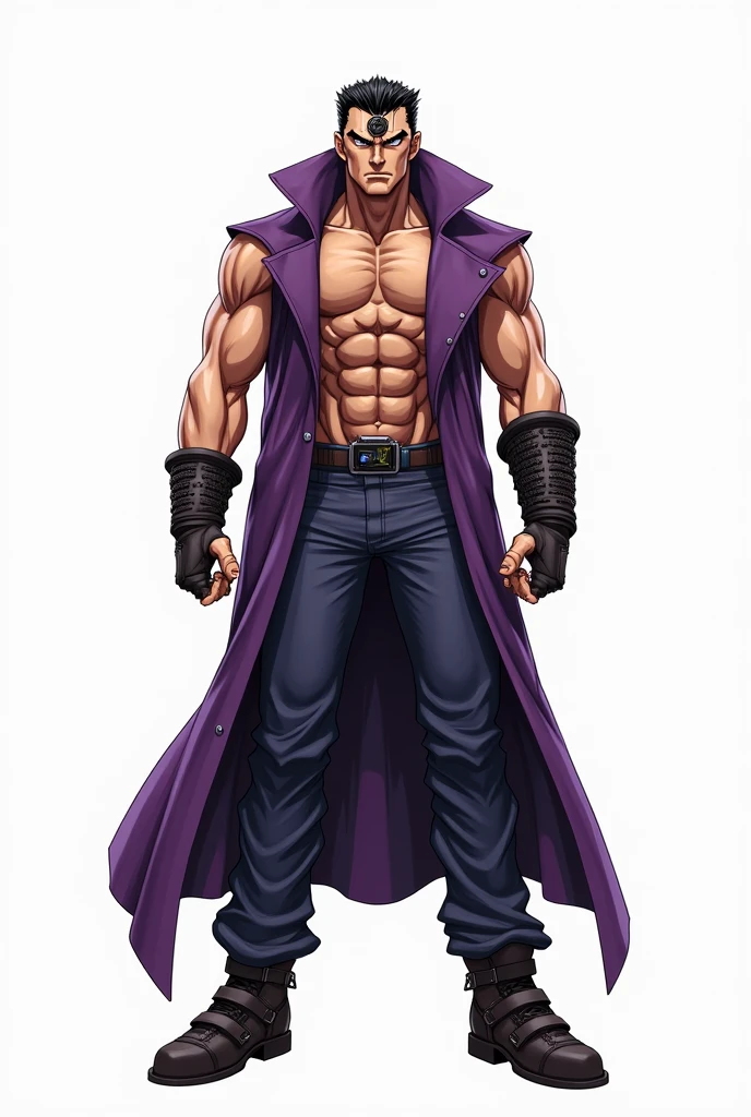 JJBA style, full body image, masterpiece, ultra-detailed, purple sleeveless trench coat, man, leather wristbands, White background, Tactical Boots, dragon ball tracker on head