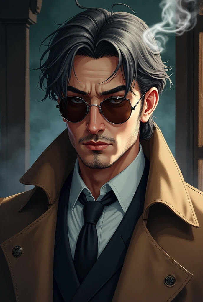 Attractive man, forty years, tez media clara, almond eyes, hunter's look, dull grey eyes, dark brown gray hair, wolf cut hair medium length, plastic lenses, expression lines, cigarette smoke, Brown trench coat and tie Dark wooded background , Manhwa style, watercolor style, semi realism
