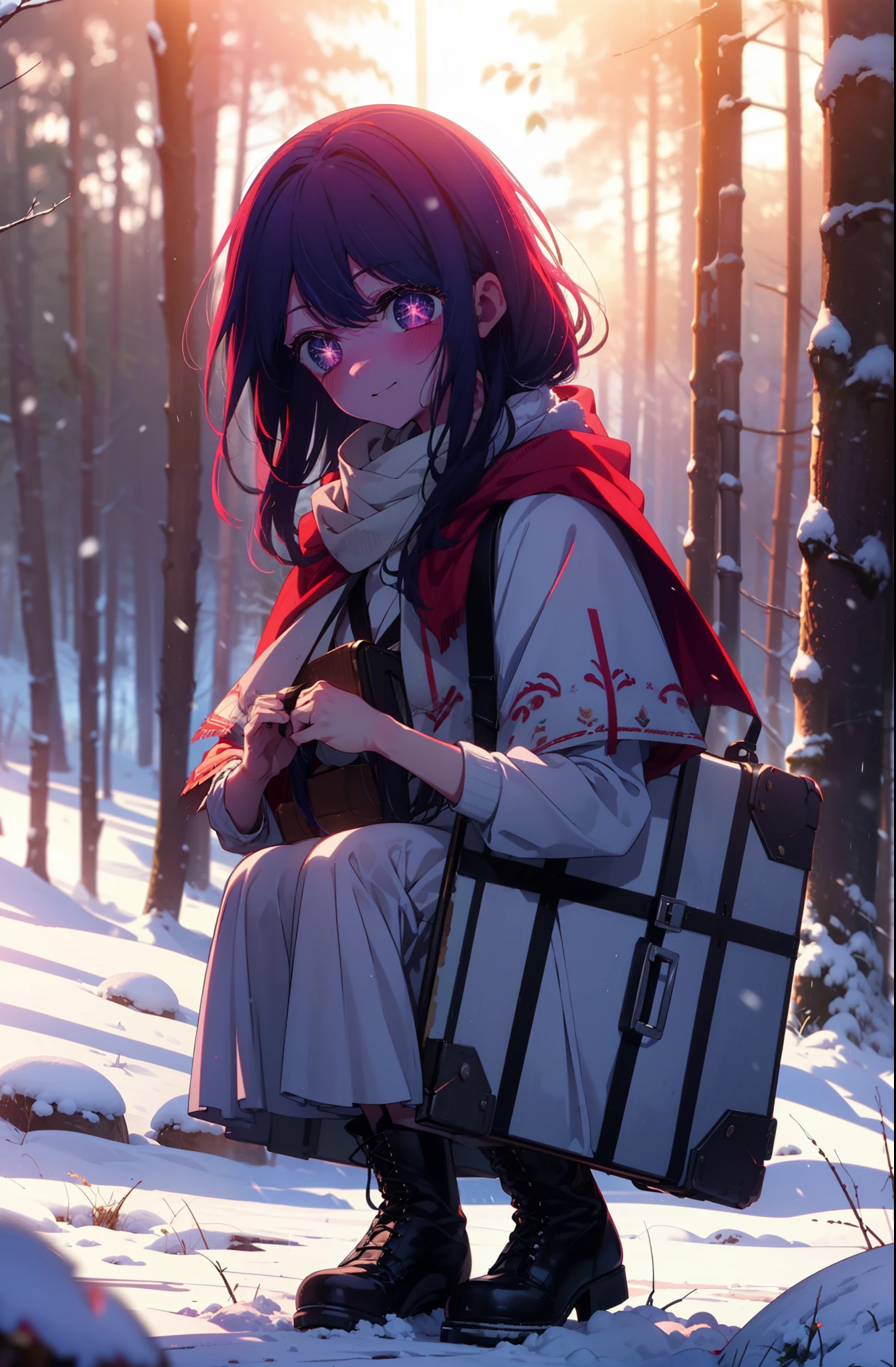 aihoshino, Ai Hoshino, Long Hair, bangs, (Purple eyes:1.1), Purple Hair, (Symbol-shaped pupil:1.5), smile,,smile,blush,white breath,
Open your mouth,snow,Ground bonfire, Outdoor, boots, snowing, From the side, wood, suitcase, Cape, Blurred, , forest, White handbag, nature, Squat, Mouth closed, Cape, winter, Written boundary depth, Black shoes, red Cape break looking at viewer, Upper Body, whole body, break Outdoor, forest, nature, break (masterpiece:1.2), Highest quality, High resolution, unity 8k wallpaper, (shape:0.8), (Beautiful and beautiful eyes:1.6), Highly detailed face, Perfect lighting, Highly detailed CG, (Perfect hands, Perfect Anatomy),