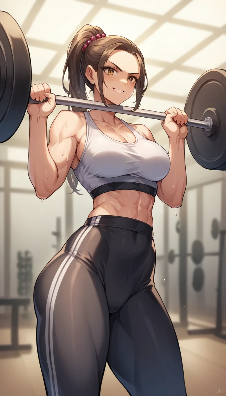 score_9, score_8_up, score_7_up, breasts, A dynamic image of a young woman in a gym setting. She has an athletic build with a determined expression on her face. She is dressed in stylish workout gear, including a fitted tank top and leggings, and is in the middle of a weightlifting exercise, showcasing her strength. Her hair is tied back in a high ponytail, and beads of sweat glisten on her forehead. The gym environment around her is modern, with various fitness equipment visible in the background., light smile, depth of field, cinematic lighting, highres, best quality, super detail, masterpiece