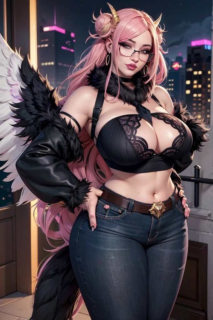 ((twin sisters)), morrigan_Aensland, beautiful face, pink eyes, loving eyes, devil, Together, strict face, evil smile,being realistic,2 girl,short blonde、big body, sexy black lace lingerie ,Perfect eyes, bundles of hair、very very by the wide, ultra detailed hair, sexy nylon body, enlarged breasts、 big body, rubio, Woman 1.90 cm,Horse tail, ((hair over eyes)),perfect mouth, massive big bounce oppai, wet skin, (masterpiece, Best Quality:1.2), 1 girl, Alone, city background, Hoar \(fortnite\), Fortnite Harpy Haze, 1 girl, earrings, Glasses, has, jewelry, Lips, by the wide, looking at the viewer, make up, esmalte de nails, pink eyes, pink hair, nails rosas, smile, sunGlasses, tinted glasses, belt, black pants, crop top, shadow, diaphragm, belly button, pants, choker, nails, round glasses, sharp nails, standing, black feathers, black hats, hoop earrings, sombreros con horns, horns, Denim, winged arms, adorno de feathers, star \(symbol\), elbow gloves, dark pink Lips, feathers, heels, shoes, angel Alas, bracelet, black Alas, crop top overhang, feathered Alas, harpy, low Alas, multicolor fur, multicolored Alas, pink Alas, Alas, Gloves without fingers, shirt, long nails, boater has, bootcut pants, leather pants, sleeves, black sleeves,masterpiece, Best Quality, ultra high resolution, Beautiful and fine hair,delicate face, perfect female face, Double Horse tail hairstyle, black fur, (:1.4), sagging breasts, huge cleavage,Mai Shiranui'Costumes in the game King of Fighters, Hair Accessories,(:1.8), sagging breasts, huge cleavage, Pinch the accessory sinus outward.,Chest compressions,Face flushed with embarrassment,transparent,Lying on the pink bed,I just finished taking a shower,open mouth,Black silk stockings,The outline of the abalone is barely visible.,female reproductive organs