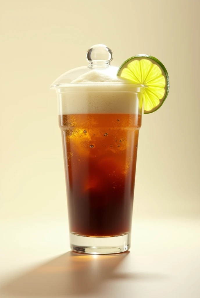 Create a picture of coca cola water,lime and root beer float with dome lid