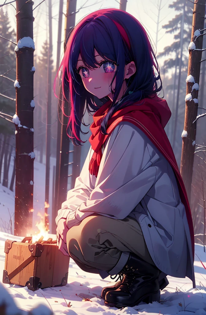aihoshino, Ai Hoshino, Long Hair, bangs, (Purple eyes:1.1), Purple Hair, (Symbol-shaped pupil:1.5), smile,,smile,blush,white breath,
Open your mouth,snow,Ground bonfire, Outdoor, boots, snowing, From the side, wood, suitcase, Cape, Blurred, , forest, White handbag, nature, Squat, Mouth closed, Cape, winter, Written boundary depth, Black shoes, red Cape break looking at viewer, Upper Body, whole body, break Outdoor, forest, nature, break (masterpiece:1.2), Highest quality, High resolution, unity 8k wallpaper, (shape:0.8), (Beautiful and beautiful eyes:1.6), Highly detailed face, Perfect lighting, Highly detailed CG, (Perfect hands, Perfect Anatomy),