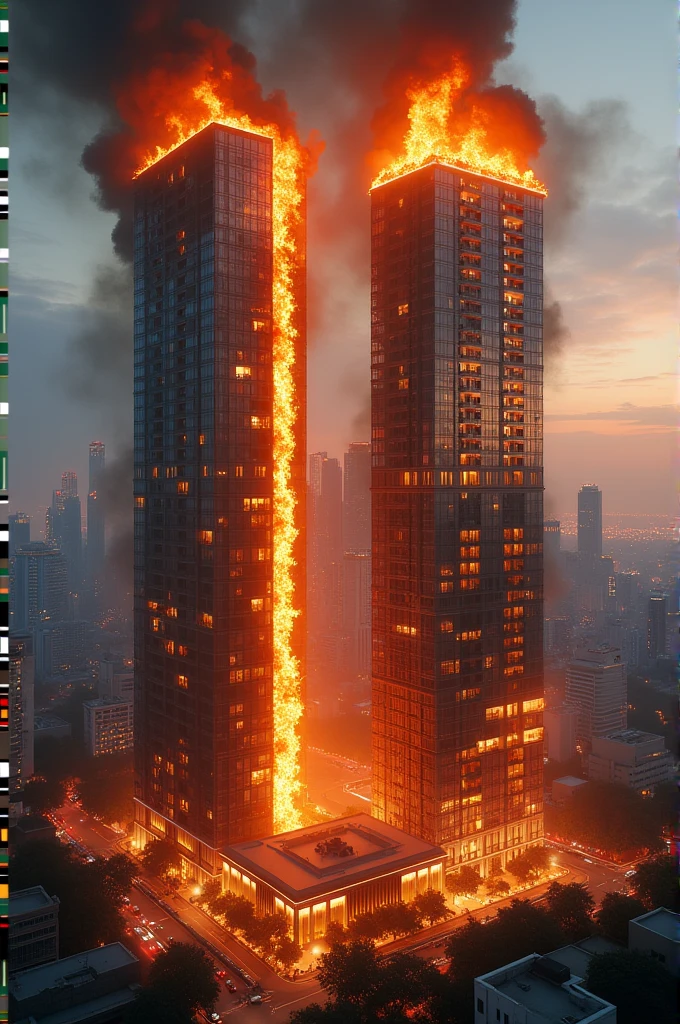 Orange twin towers. 42 floors. There is a fire on the 35th floor of the residential complex.