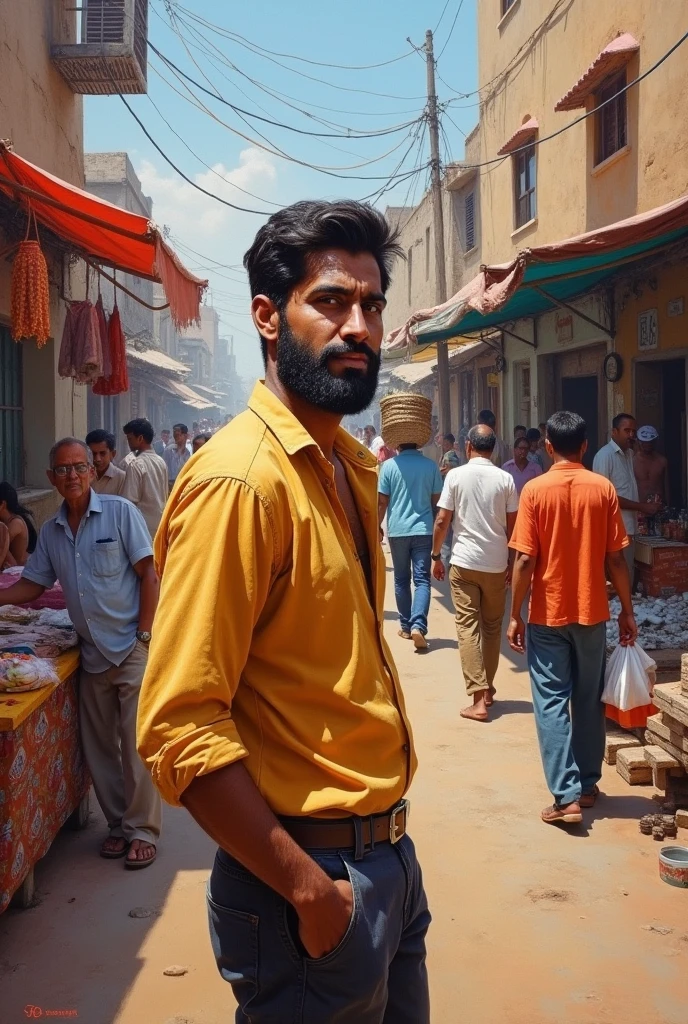 In oil painting "Villagers engaging in various small businesses, reflecting the economic improvement in the community"** - Shows the broader impact of with black small beard young Ramesh’s success on the village."