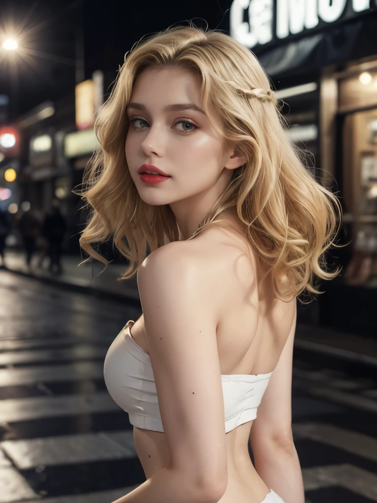caucasian woman, ((blonde hair)), (((curly hair))), ((long hair)), red lipstick, ((olive green eyes)), ((highlight eyes)), shiny eyes; (eyes with reflection), ((lined eyes)), ((red lipstick)), (((lips with gloss))), smile, ((makeup)), (((athletic body))), ((small breasts)), ((legs)), ((white top)), (((Textured Top)), ((top strapless))), ((white jeans)), Necklace, earrings and bracelets, Walking through the streets, modern city, ((many people)), at night, realistic shot, lights in the background, back view, shot from behind.