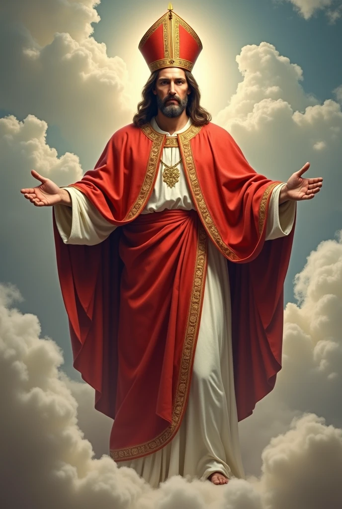 make me a photo of jesus dressed like a catholic romo standing on a cloud, very realistic, photo taken using a Nikon camera, His face is looking at the camera