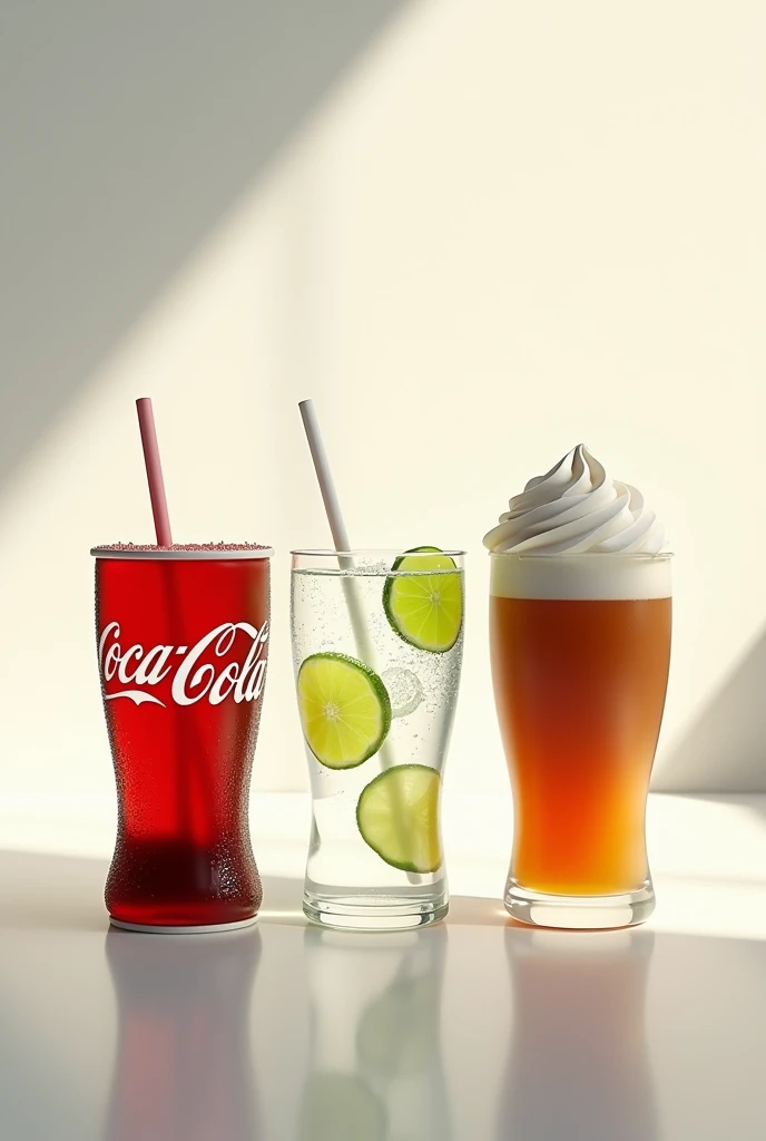 Create a picture of 3 cups of coca cola water,lime and root beer float with dome lid