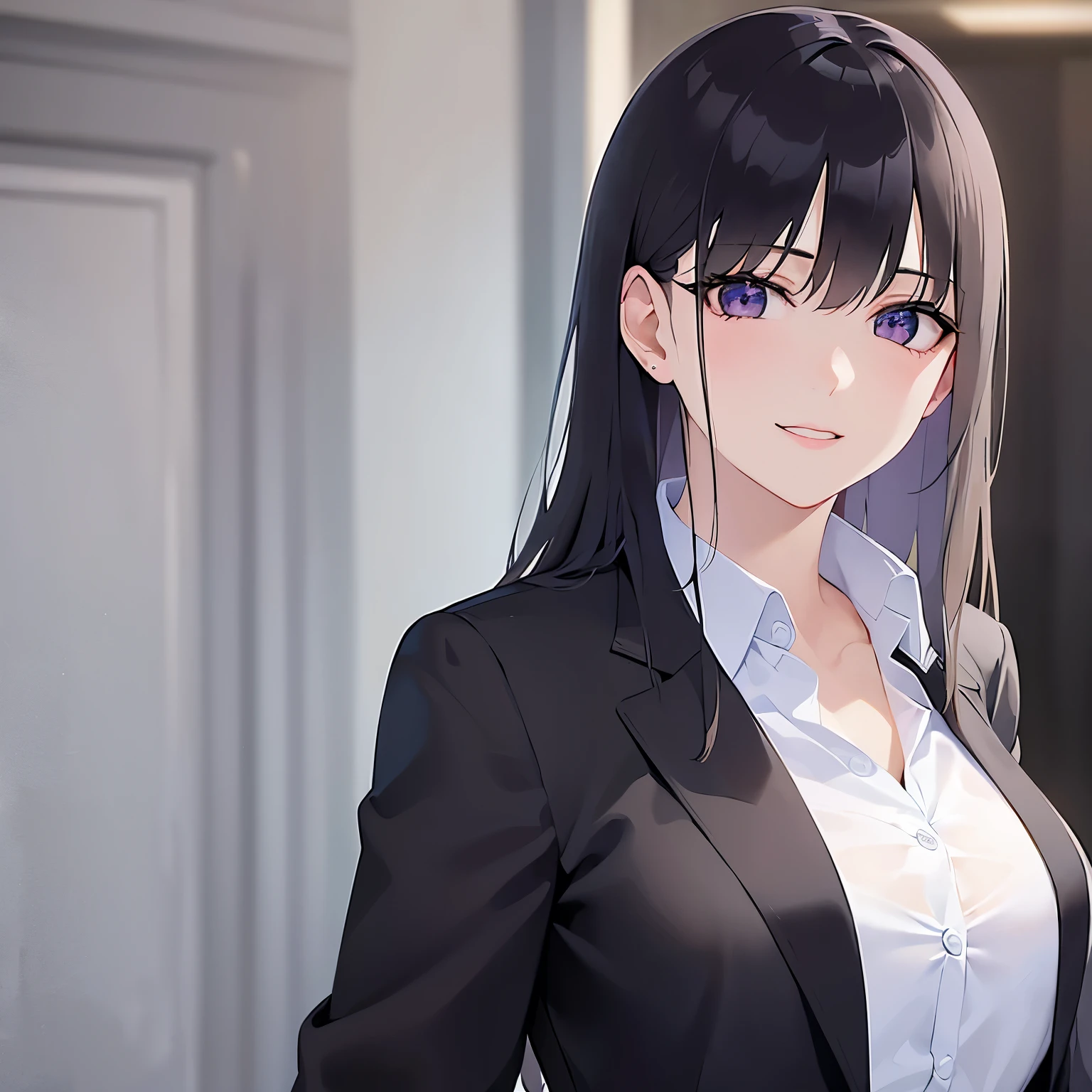Realistic,real person,(pale skin),RAW photo,photorealistic,BREAK(Black blazer:1.5)and(white collared shirt)BREAK,shiny skin,shiny hair,-old woman with straight hair and bangs)and(medium hair)and(black hair)and(purple eyes),(smile),The background is in front of the office door,alone,