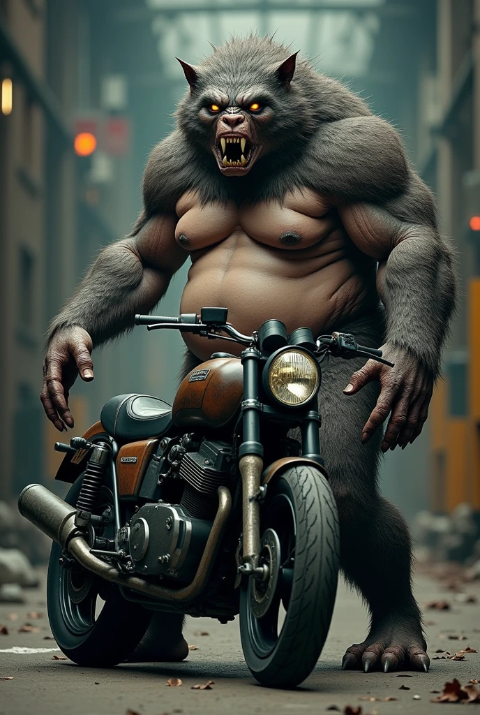 Ultra HD image of an obese naked werewolf man next to a bike, human-like face, NSFW