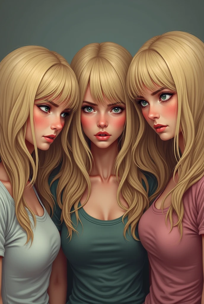 A realistic rendering of a David Wright style illustration of a very close shot, ultra close shot on the breasts  of  three girls, 3   pert, nubile, thin,  Freckled, teen   girls,  best quality, one's open mouth positioned close to the other's nipple, one's nipple positioned close to the other's mouth, with 50s style, very short, brown and blonde hair, topless, bare breasts, small breasts, little breasts, tiny breasts  pink nipples , puffy nipples , exposed nipples ,  wearing glowing, neon, pastel colored body harnesses, black leather, black lace,  open blouse, undressing,     uniform, partially clothed,  silver art deco design background