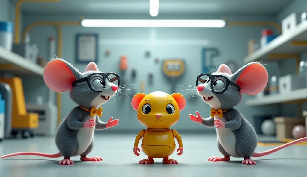 TOP DOWN CAMERA VIEW, FULL BODY SHOT OF 3d pixar animation style of 3 ADULT GREY MICE ONE OF THEM HAS A BOW TIE AND ONE OF THEM IS WEARING GLASSES,In a robotics laboratory they have built a yellow robot shaped like a cat , ILLUMINATED BY WHITE ARTIFICIAL LIGHT