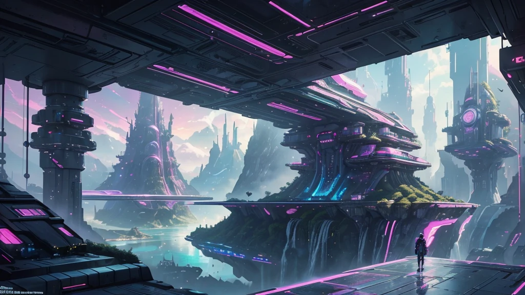 ((masterpiece)),((Highest quality)),((High Detail)),nobody,background, Floating platform,waterfall, Cyberpunk style futuristic city, Sci-Fi Illustration, Sci-Fi Fantasy Wallpapers, Impressive and fantastic landscape, Future Utopian Fantasy, Epic dreamy fantasy landscape, Futuristic Setting, Symmetrical fantasy landscape, Pink Blue Green