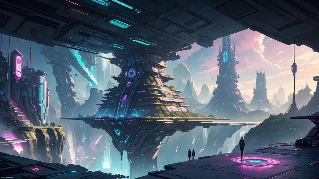 ((masterpiece)),((Highest quality)),((High Detail)),nobody,background, Floating platform,waterfall, Cyberpunk style futuristic city, Sci-Fi Illustration, Sci-Fi Fantasy Wallpapers, Impressive and fantastic landscape, Future Utopian Fantasy, Epic dreamy fantasy landscape, Futuristic Setting, Symmetrical fantasy landscape, Pink Blue Green