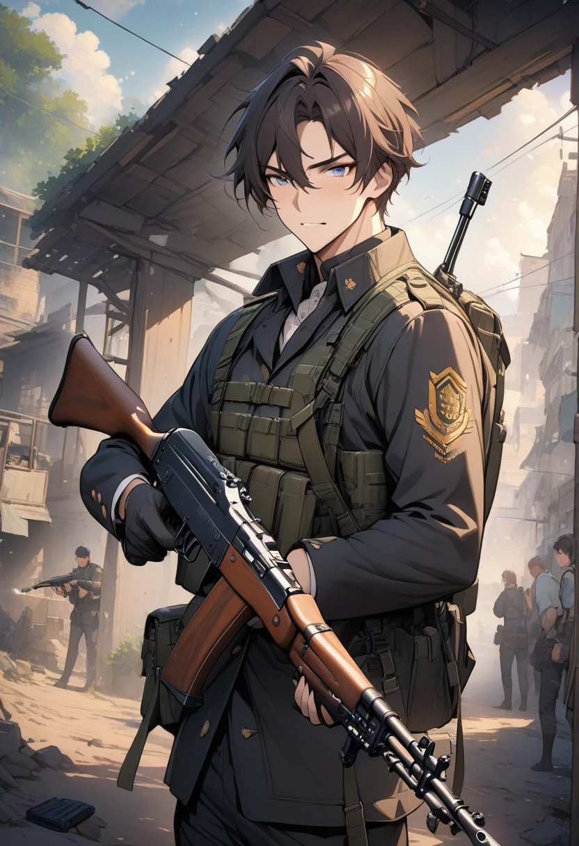 masterpiece, best quality, 1 boy, Cowboy shooting, exquisite eyes, Uniform, AK 47, AKM, Kalashnikov_rifle, assault_rifle, Keep_gun