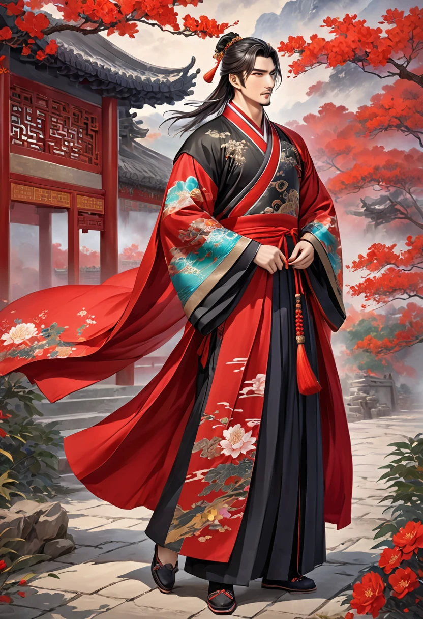 Romance of the Three Kingdoms Zhou Yu, Handsome, Clothes made of dopo, Full body exposed, Clothes made of fabric, traditional chinese dress, Dress well, Black and red clothes
